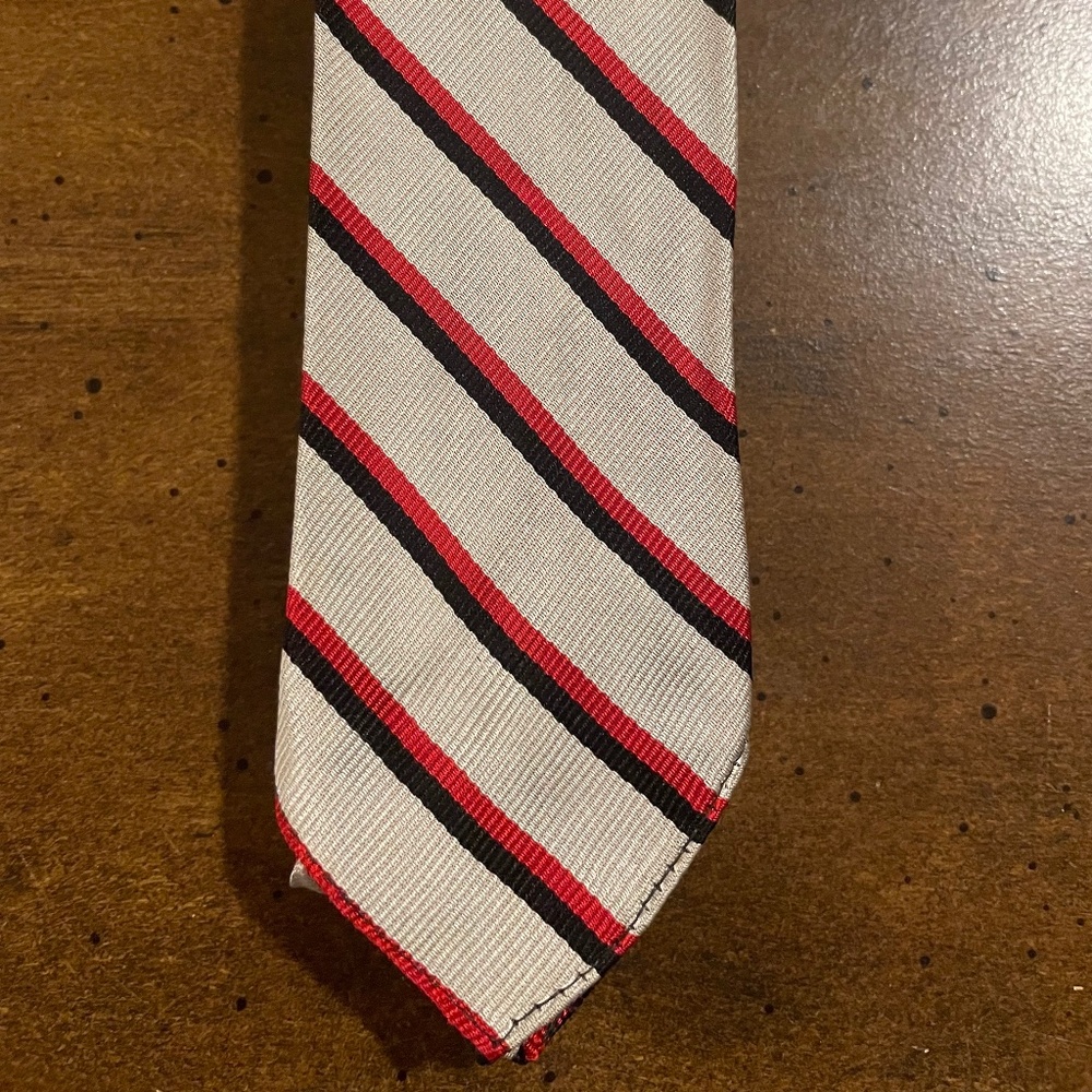 Striped Silver, Black, and Red Silk 1950s Tie by Rogers Peet Company